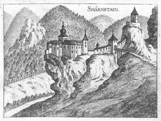 Kupferstich, Ansicht der Burg Scharnstein, Oberösterreich